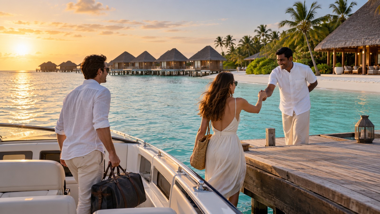 A couple arrives by speedboat at a Maldives island with overwater villas beyond the beach.