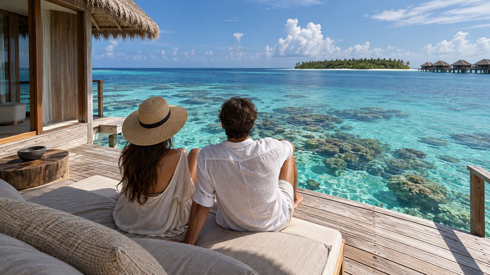 A couple looks across shallow turquoise water from the timber terrace of an overwater villa.