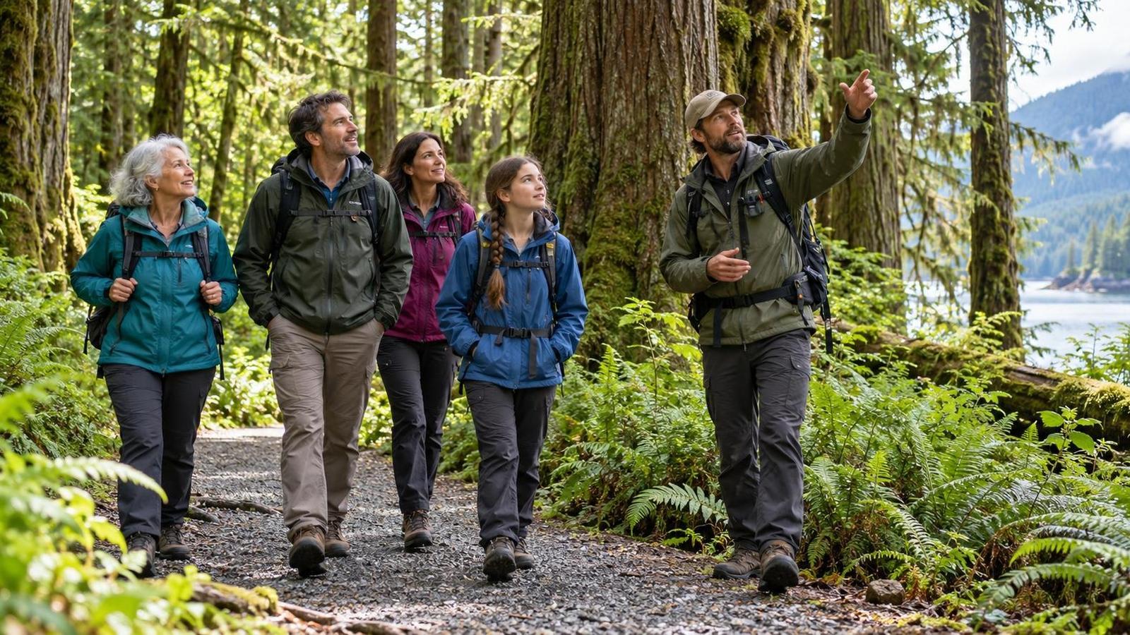 A multigenerational family follows a naturalist along a green forest trail in Southeast Alaska.