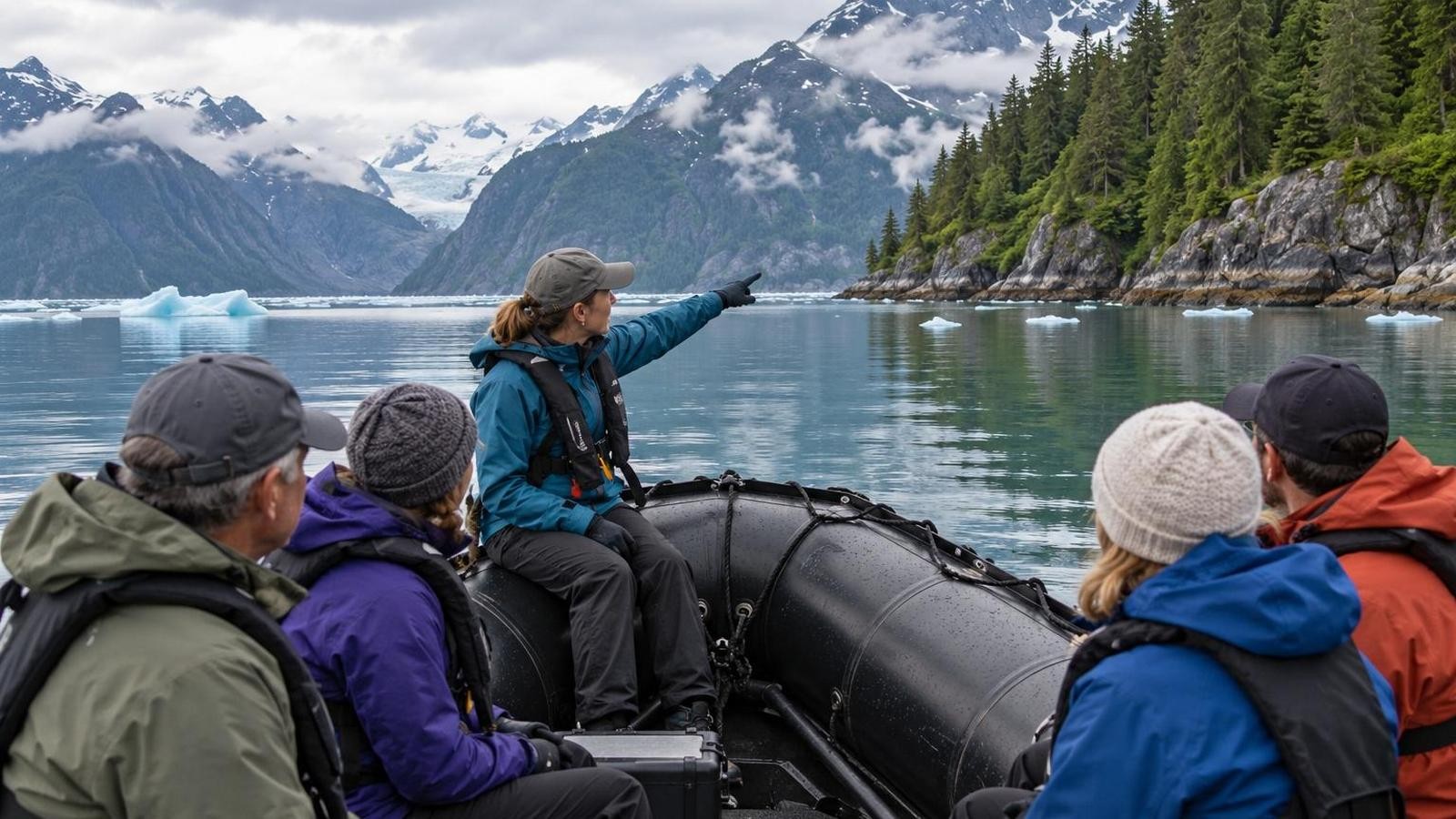 A small group of travelers explores an Alaska fjord by inflatable boat with a naturalist.