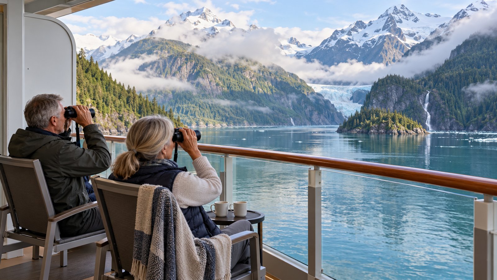 A couple enjoys binocular views of an Alaskan fjord from a private cruise cabin balcony.