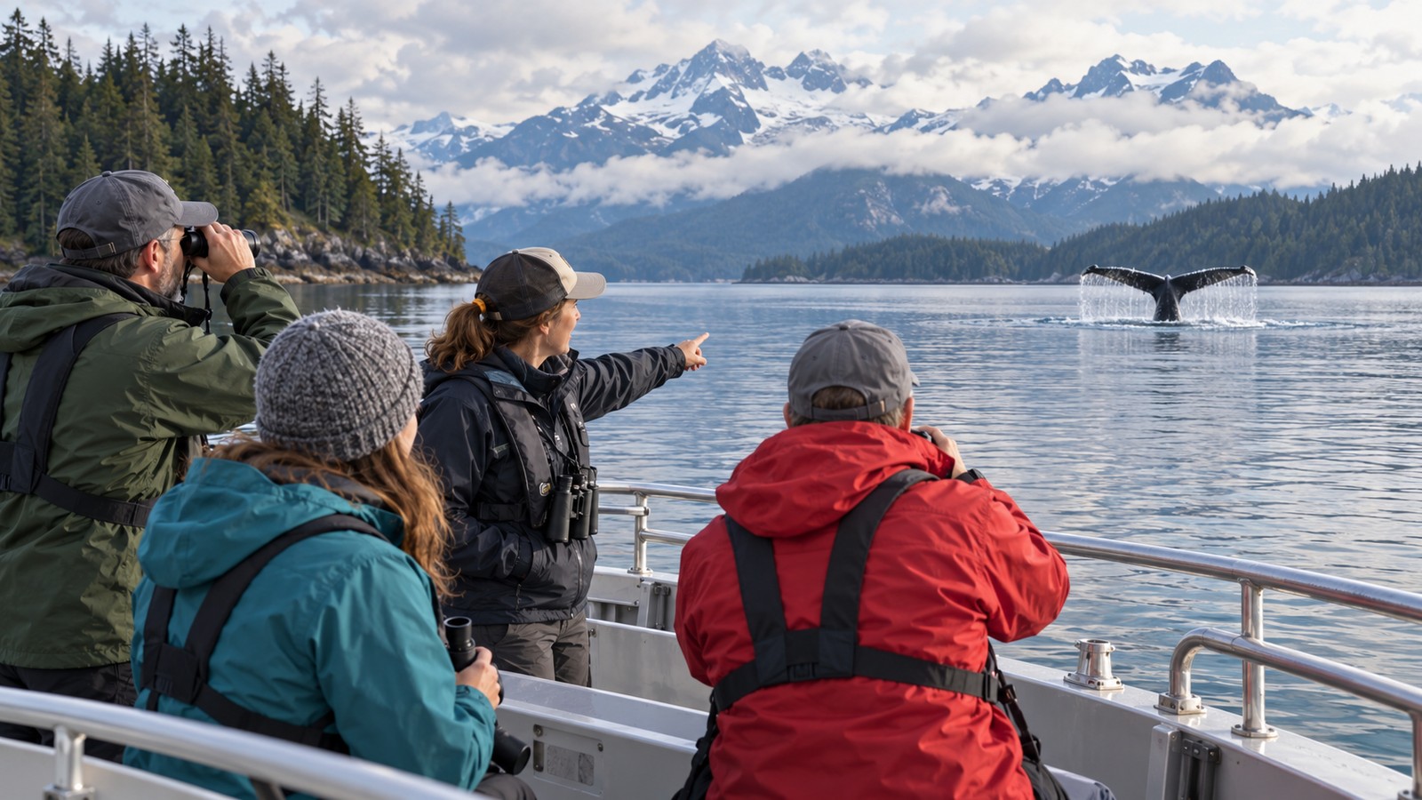 A small group watches a distant whale tail from an excursion boat near forested Alaskan shores.