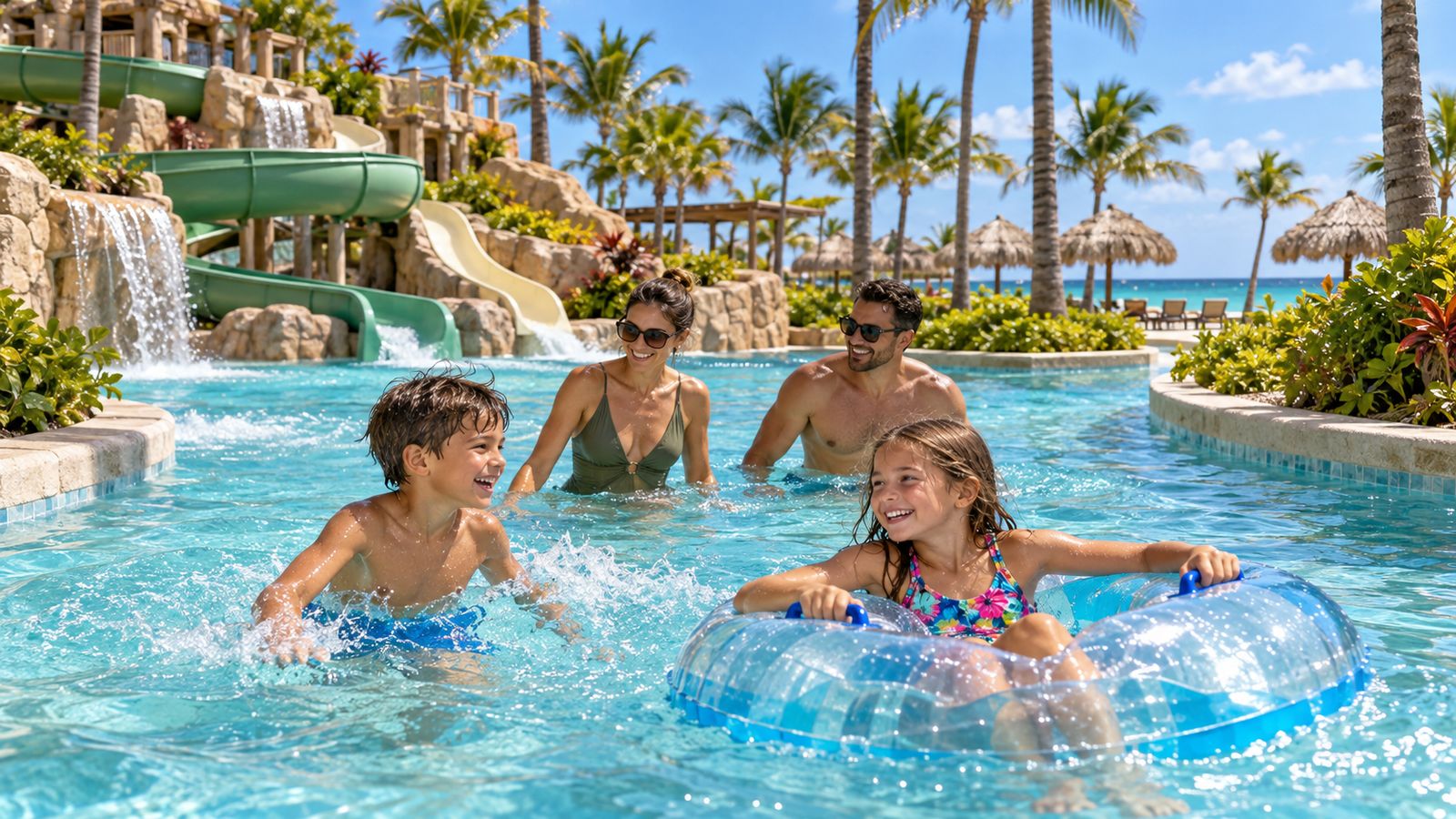 A family enjoys a sunny resort pool with water slides near the palm-lined Punta Cana coast.