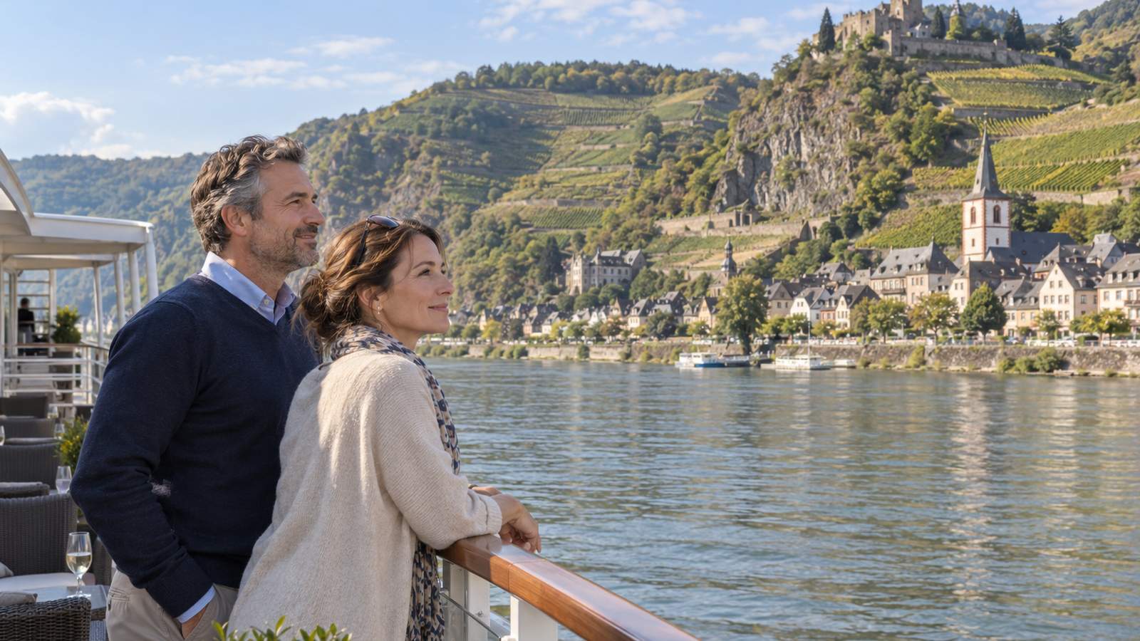 A couple looks from a river ship deck toward vineyards and castle-topped hills along the Rhine.