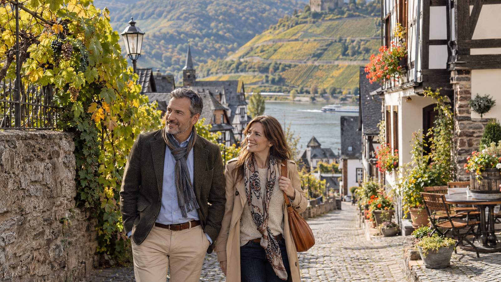 A pair of travelers walks through a historic Rhine Valley village on a clear autumn afternoon.
