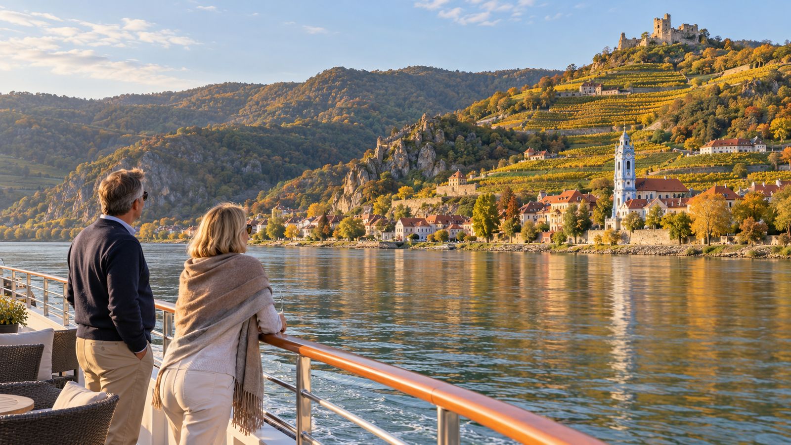 A couple watches the Danube and its vineyard hills from the deck of a river ship.