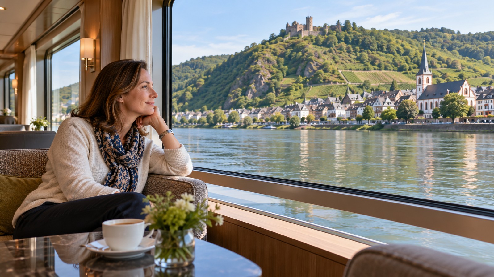 A solo traveler watches a Rhine riverside town from a bright cabin window.