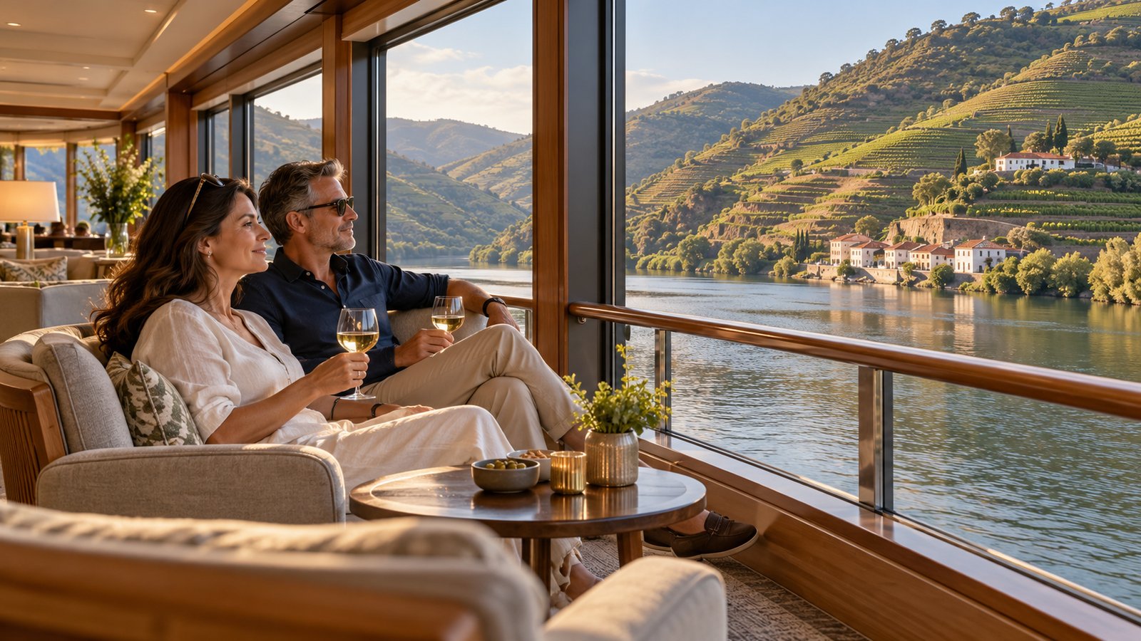 A couple enjoys Douro Valley vineyard views from the bright lounge of an unbranded river ship.