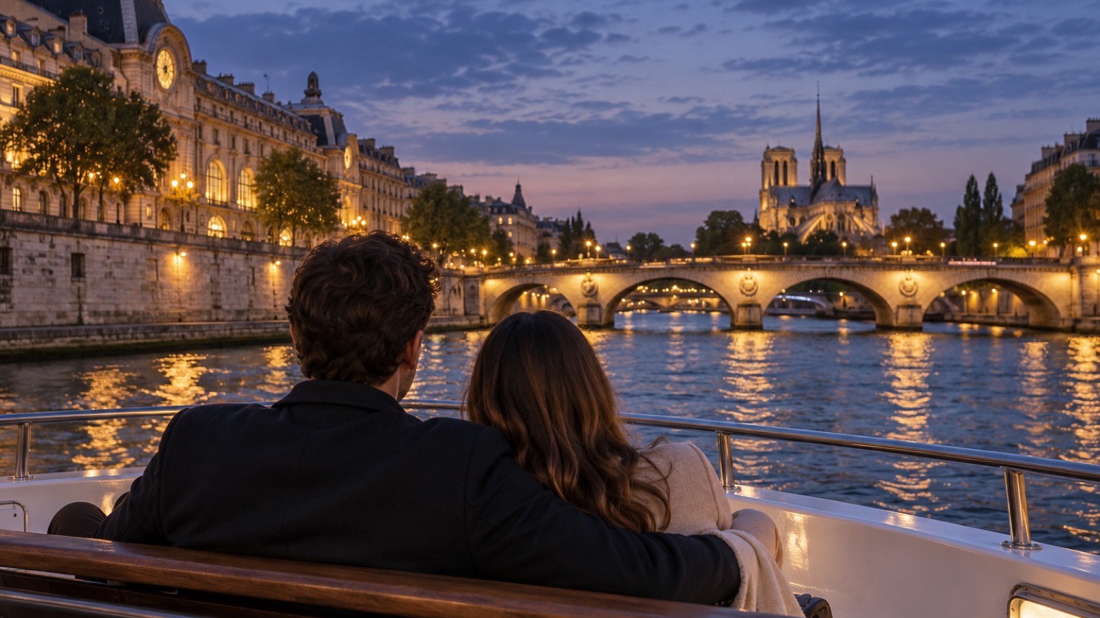 A couple watches Paris riverbanks from a boat as the evening lights come on.