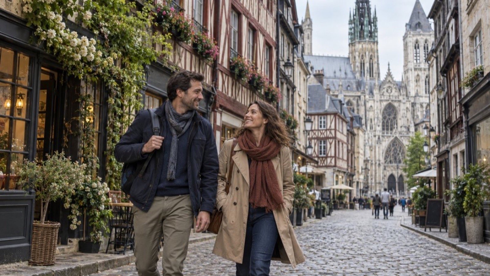 A pair of travelers walks a cobbled street near historic buildings in Rouen, Normandy.