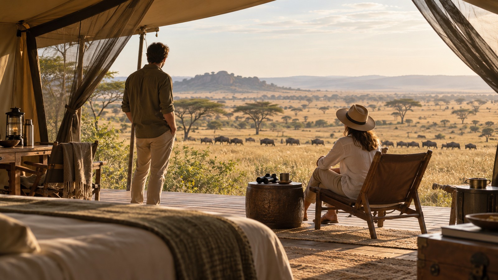 A pair of travelers looks across the Serengeti plains from a quiet tented safari camp.