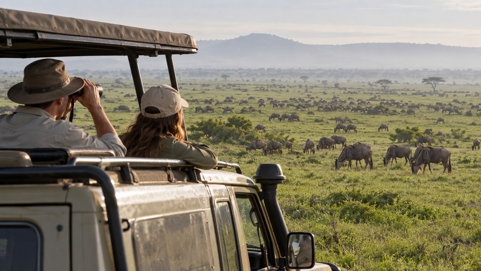 A couple watches distant wildebeest from a safari vehicle on the green Serengeti plains.