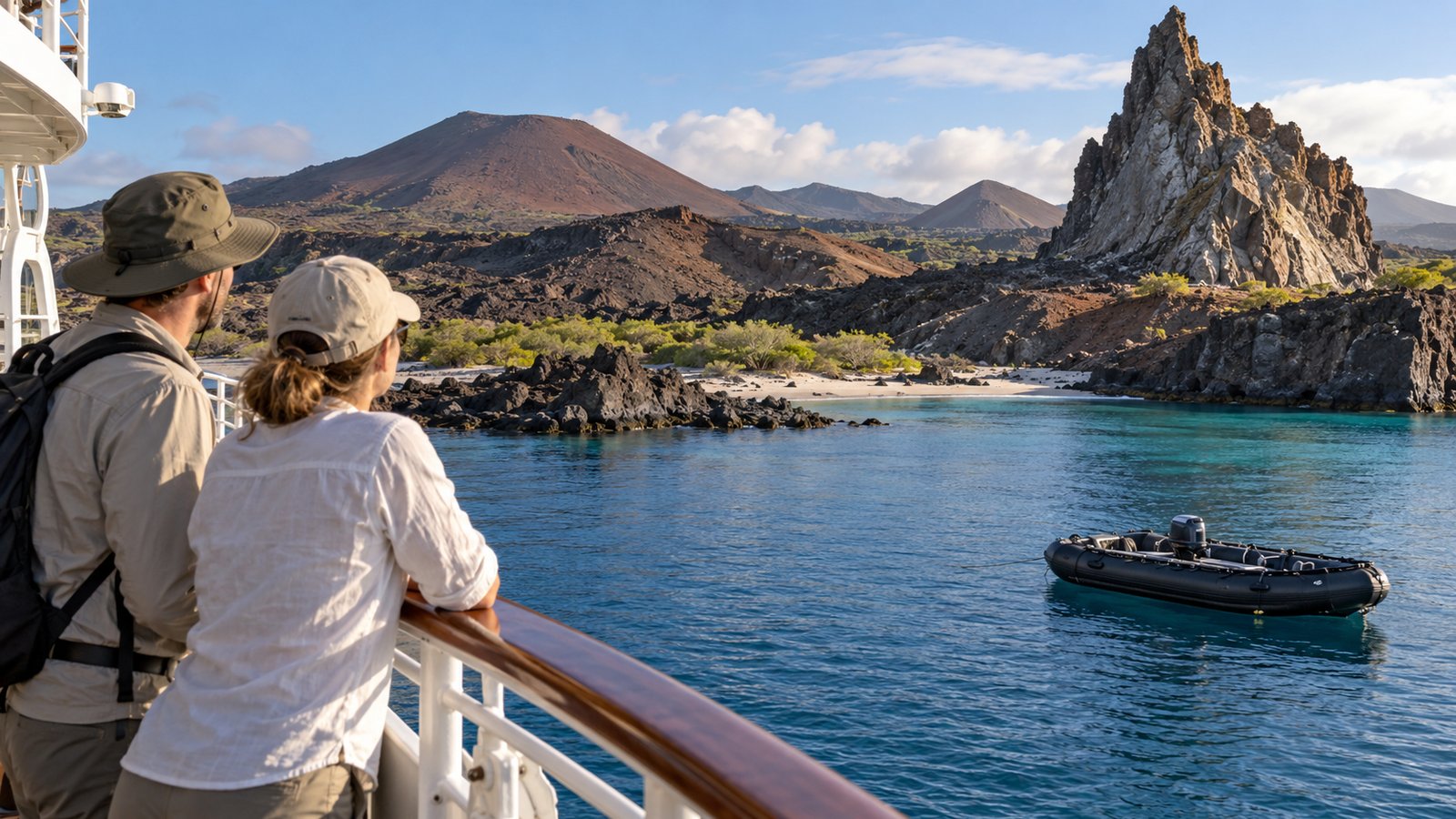 A couple watches a volcanic shoreline from a small expedition ship near the Galápagos.