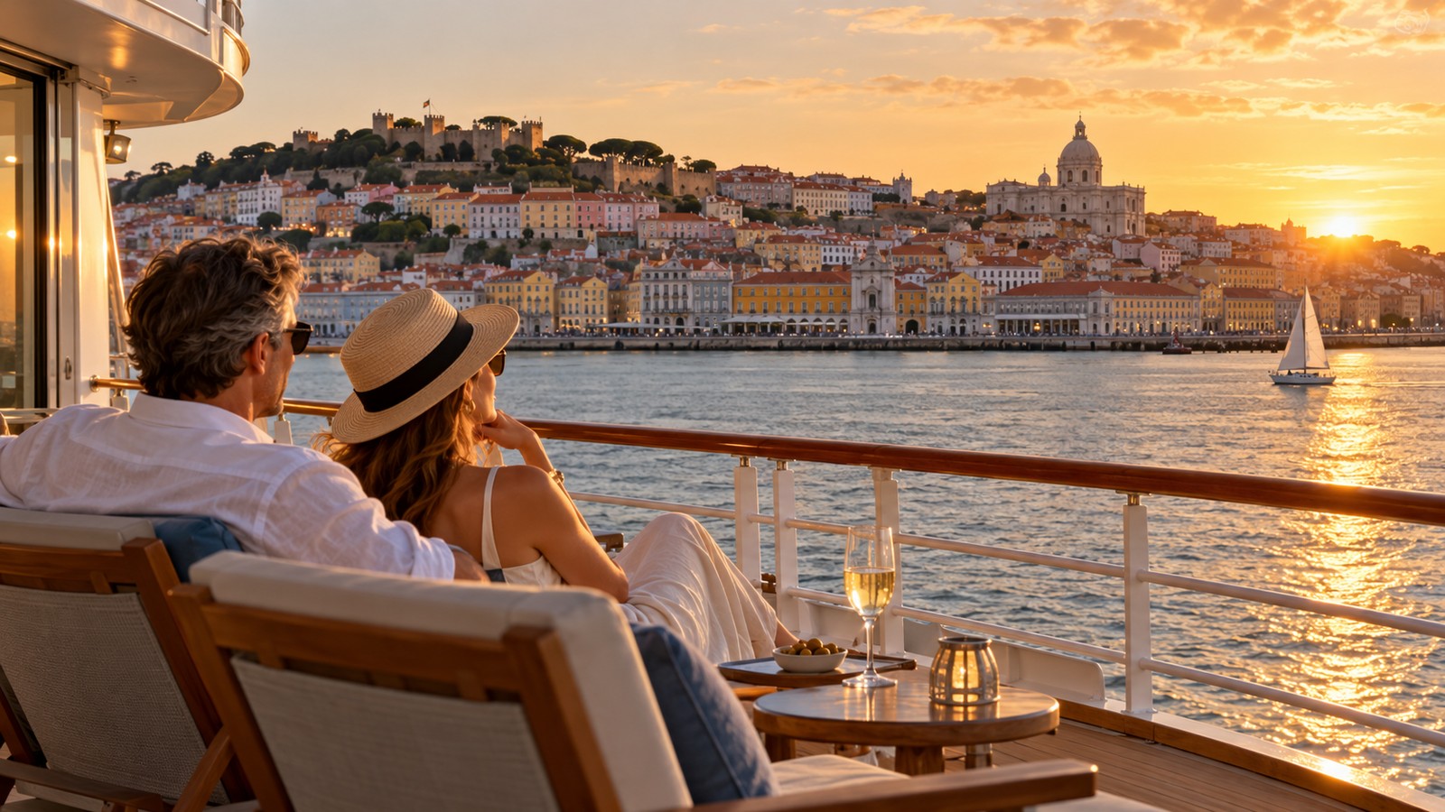A couple watches Lisbon’s waterfront from the open deck of a small cruise ship.