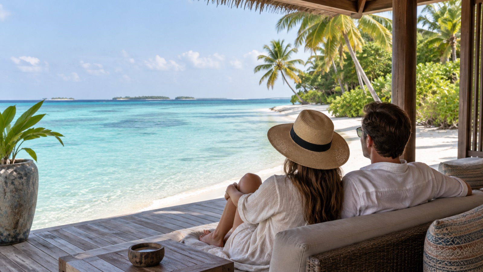 A couple relaxes on a shaded beach villa deck overlooking a quiet turquoise lagoon in the Maldives.