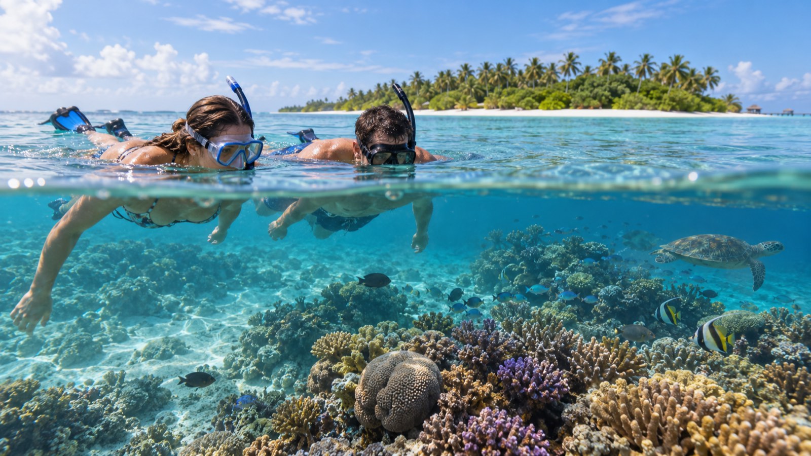 A pair of travelers snorkels above a coral reef near a green Maldivian island under bright daylight.