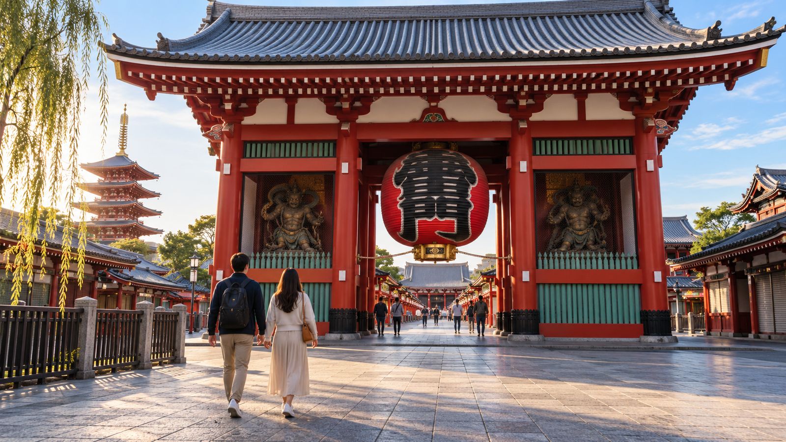 A couple approaches a traditional red temple gate during a quiet morning walk in Tokyo's Asakusa district.