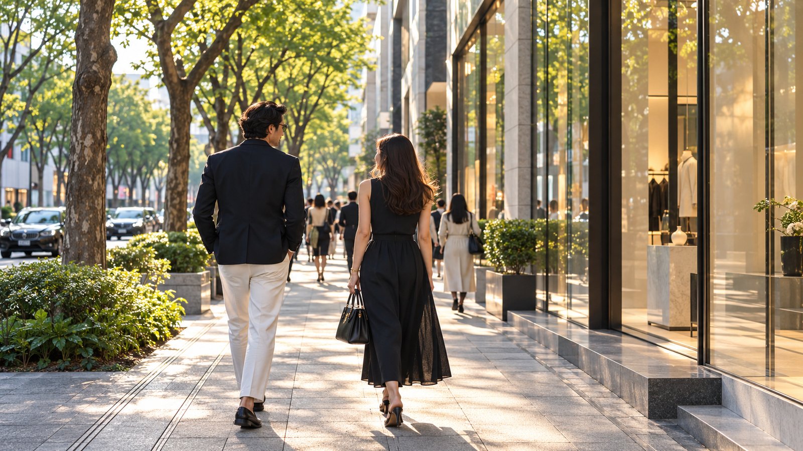 A pair of travelers strolls along a tree-lined Tokyo shopping street beside understated contemporary storefronts.