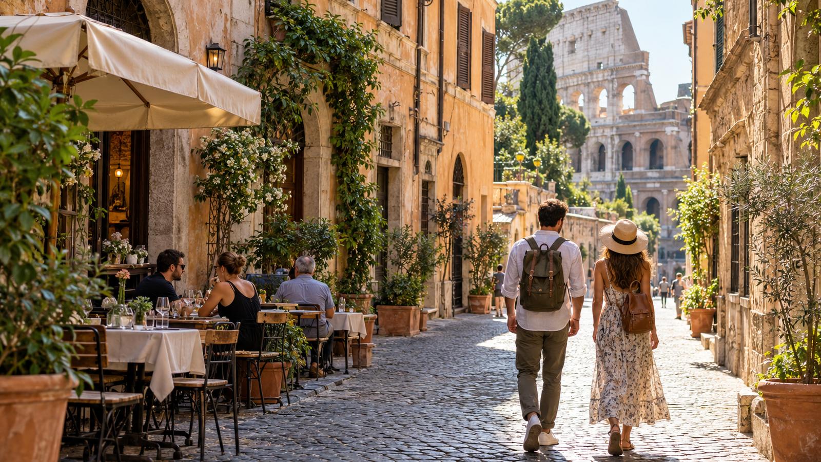 A pair of travelers explores a quiet Roman street near a neighborhood cafe.