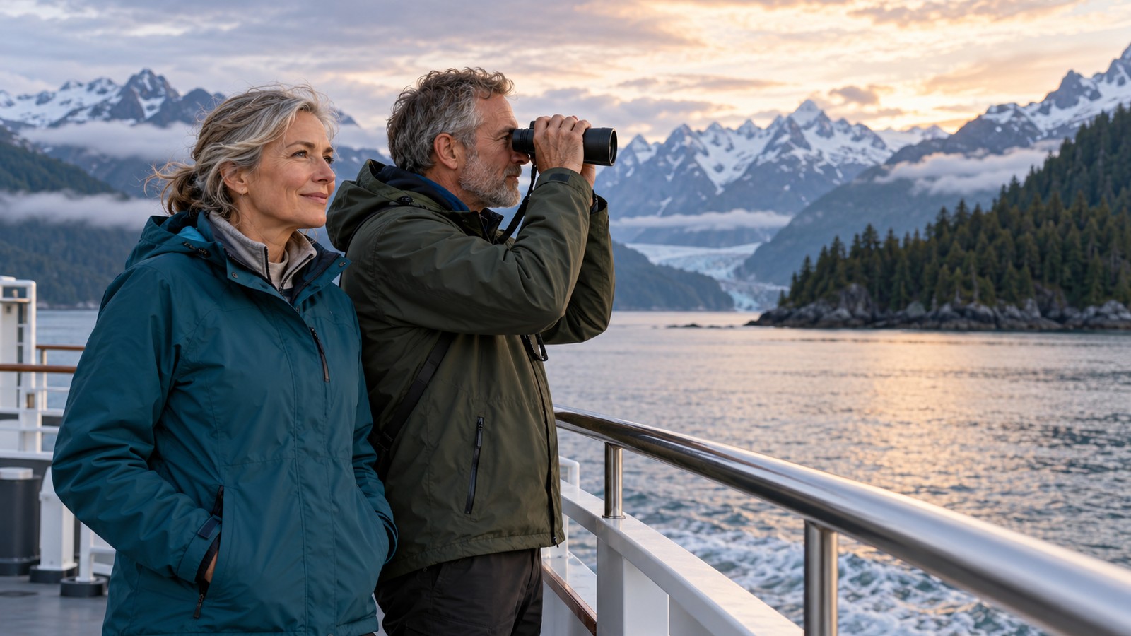 A couple wearing outdoor layers watches a mountain fjord from the observation deck of a small expedition vessel.
