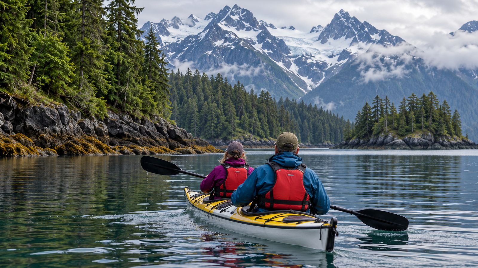 A pair of travelers paddle a tandem kayak through a sheltered Alaskan cove beneath forested mountains.