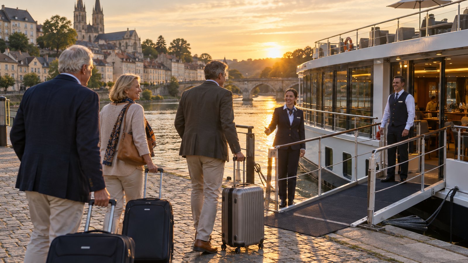 A pair of travelers arrives with luggage at a European riverfront quay near a cruise ship.